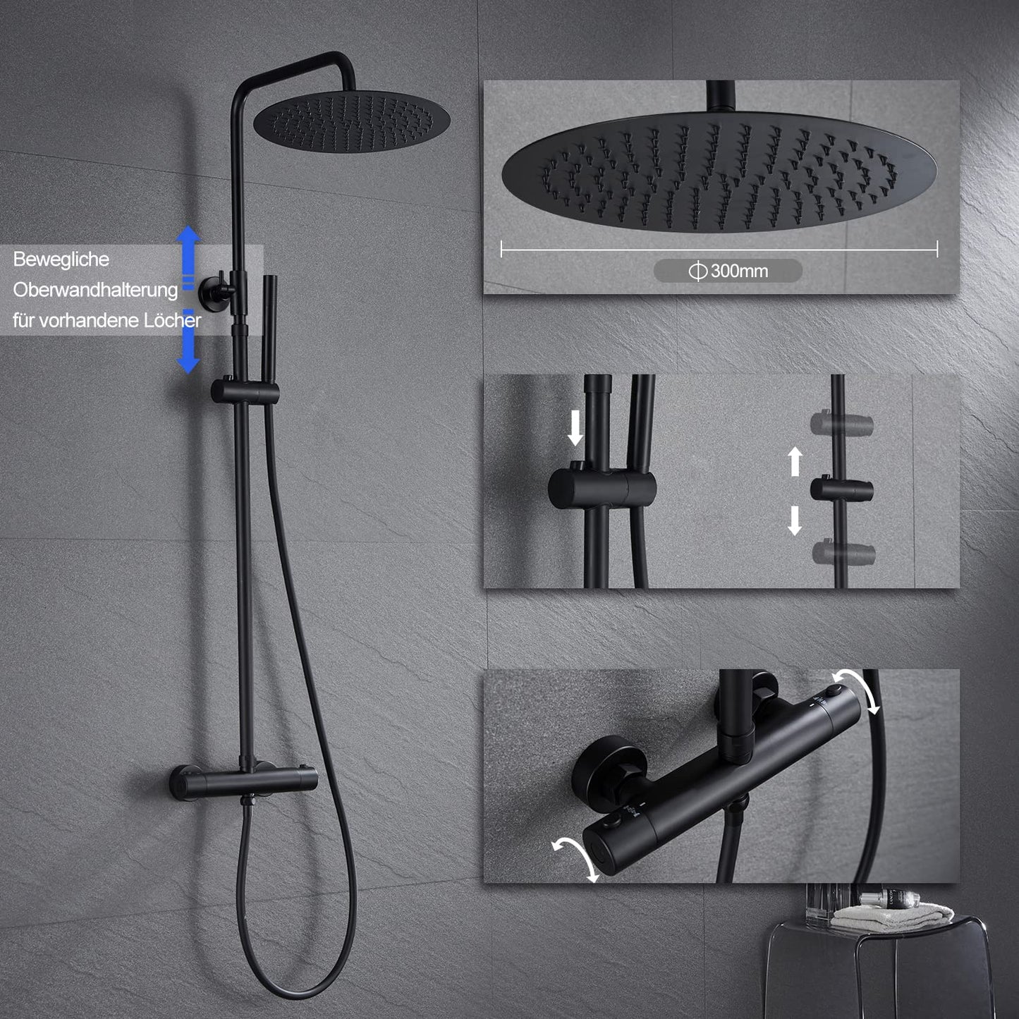 JOHO Colonna Doccia in Acciaio INOX con Miscelatore Termostatica, Asta Doccia Saliscendi con Soffione e Doccetta, Set Doccia a Pioggia con Soffione 30 cm Nero