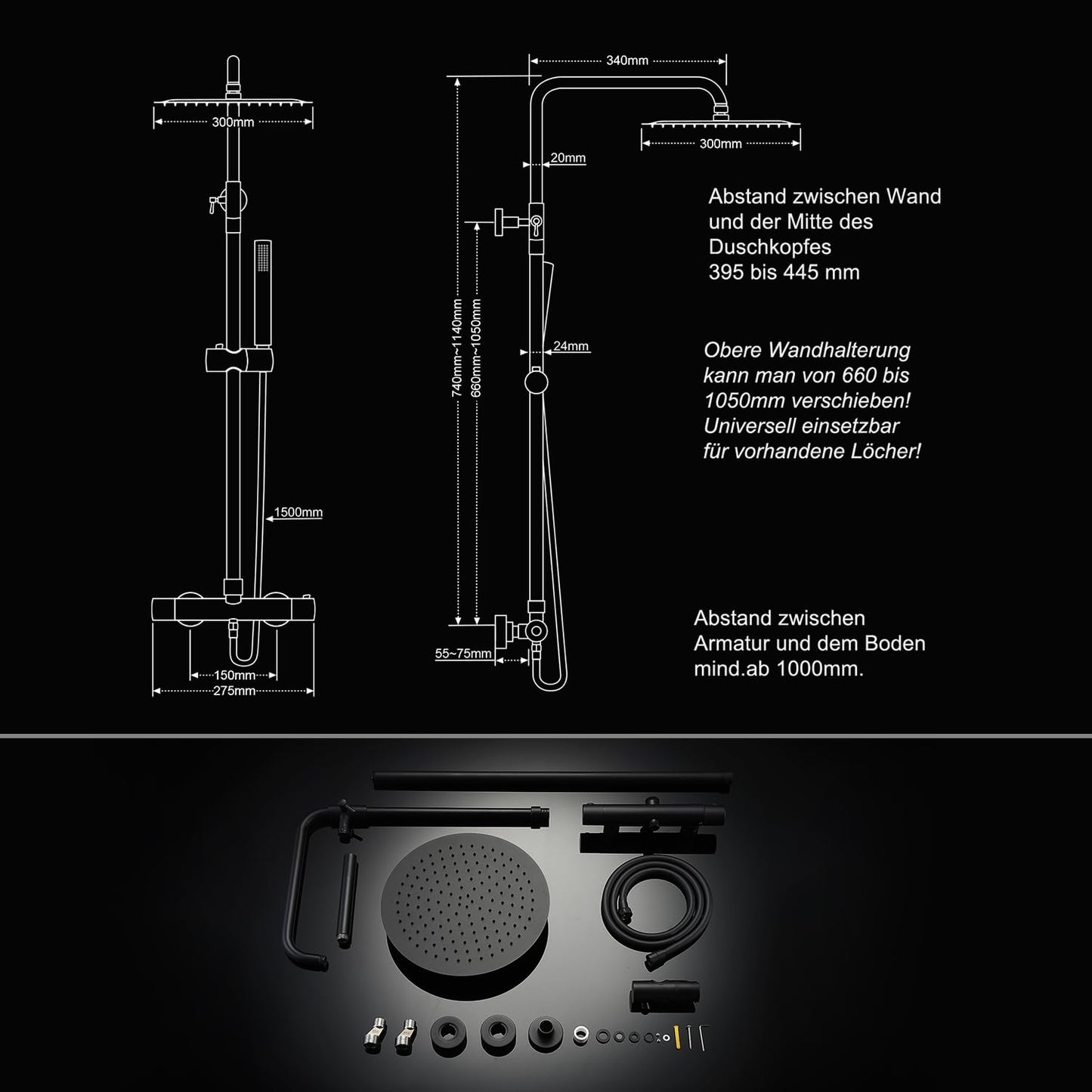 JOHO Colonna Doccia in Acciaio INOX con Miscelatore Termostatica, Asta Doccia Saliscendi con Soffione e Doccetta, Set Doccia a Pioggia con Soffione 30 cm Nero