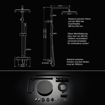 JOHO Colonna Doccia in Acciaio INOX con Miscelatore Termostatica, Asta Doccia Saliscendi con Soffione e Doccetta, Set Doccia a Pioggia con Soffione 30 cm Nero