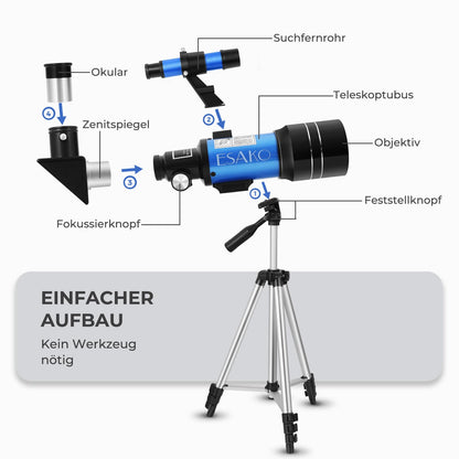ESAKO Teleskop für Kinder & Einsteiger, 70mm Blende Tragbares Teleskop Astronomisches Linsenteleskop mit Ausziehbarem Stativ, Telefonhalterung, Mondfilter