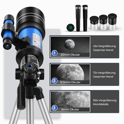 ESAKO Teleskop für Kinder & Einsteiger, 70mm Blende Tragbares Teleskop Astronomisches Linsenteleskop mit Ausziehbarem Stativ, Telefonhalterung, Mondfilter