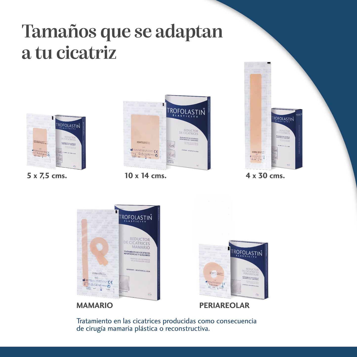 Trofolastin, Reductor de Cicatrices Mamario, Apósitos Adhesivos para Cicatrices de Cirugía Mamaria, Hipertróficas y Queloides, 3 Formatos x 2uds