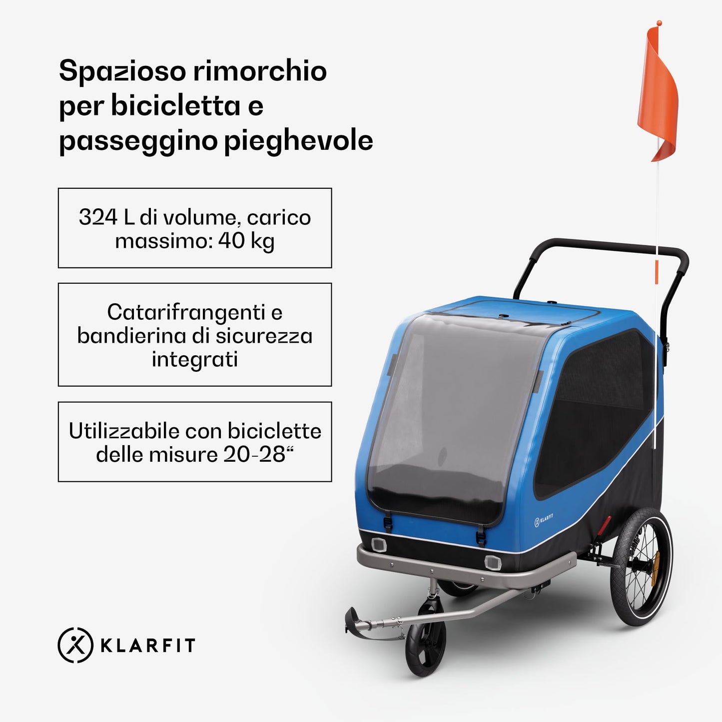 Klarfit Goldie Home - Rimorchio da Bici per Cani, Convertibile in Buggy, Volume di 324L, Impermeabile, Freni & Catarifrangenti Integrati, Carico Massimo di 40kg, Blu