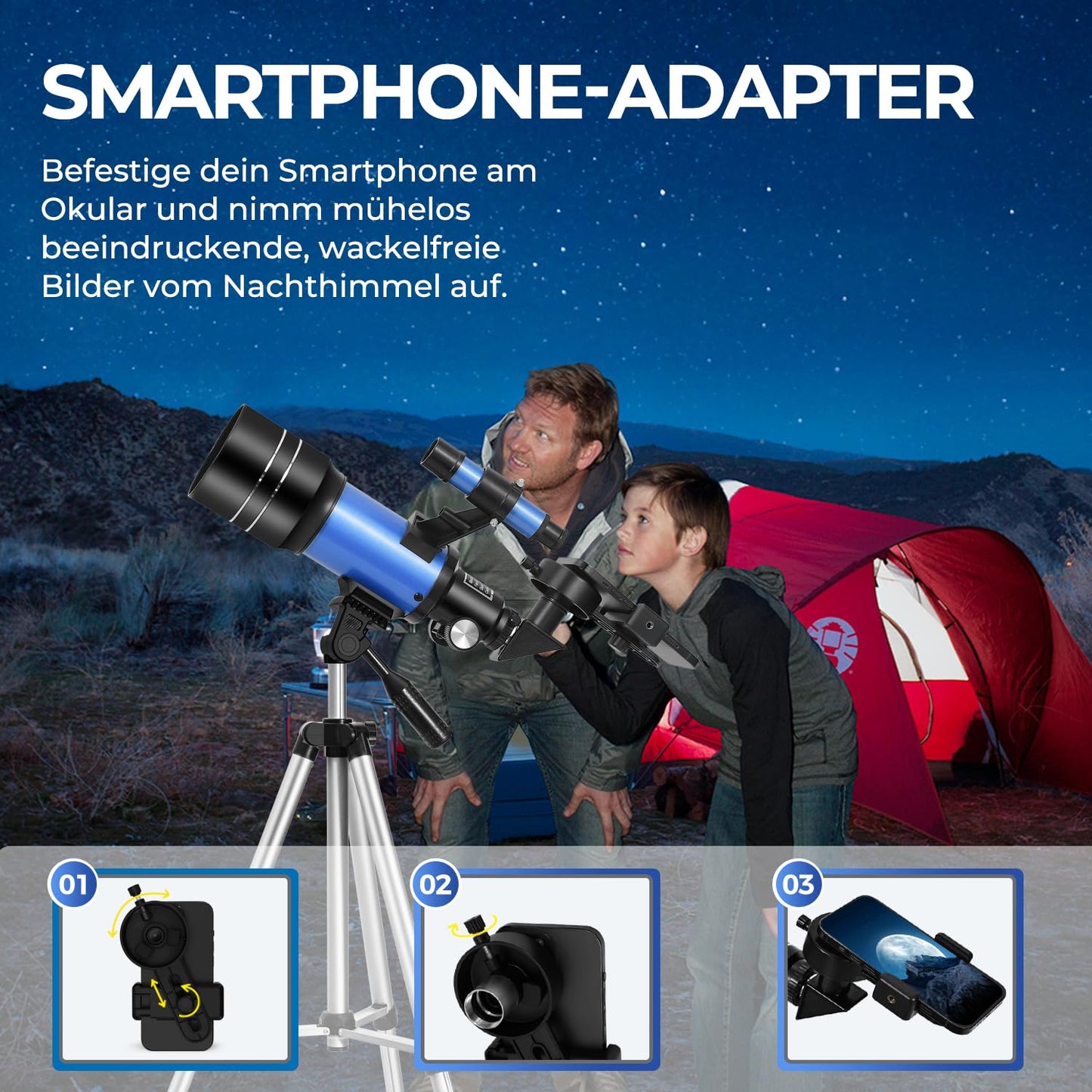 ESAKO Teleskop für Kinder & Einsteiger, 70mm Blende Tragbares Teleskop Astronomisches Linsenteleskop mit Ausziehbarem Stativ, Telefonhalterung, Mondfilter