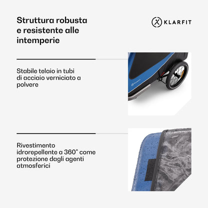 Klarfit Goldie Home - Rimorchio da Bici per Cani, Convertibile in Buggy, Volume di 324L, Impermeabile, Freni & Catarifrangenti Integrati, Carico Massimo di 40kg, Blu