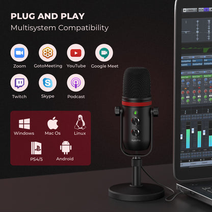 AUDIOPRO Microfono USB, microfono da gioco a condensatore per PC/laptop/PS4/5, uscita cuffie, controllo volume, USB tipo C Plug and Play, pulsante mute LED, per streaming, podcast, registrazione in