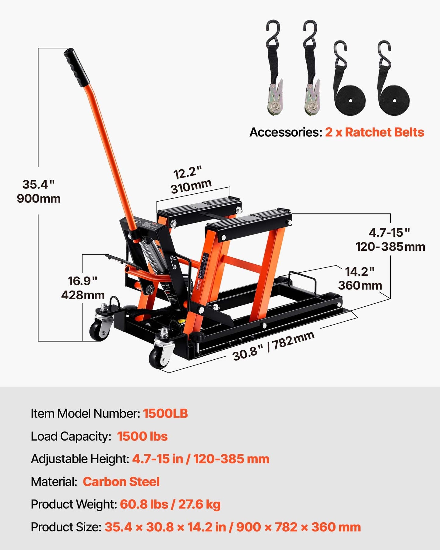 VEVOR Sollevatore Idraulico Moto Bici ATV da Officina Capacità Max. 700kg Altezza Regolabile 12-38,5cm, Sollevatore Alzamoto con Ruote Officina Operazione Idraulica con Perno di Sicurezza