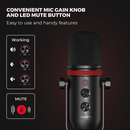 AUDIOPRO Microfono USB, microfono da gioco a condensatore per PC/laptop/PS4/5, uscita cuffie, controllo volume, USB tipo C Plug and Play, pulsante mute LED, per streaming, podcast, registrazione in