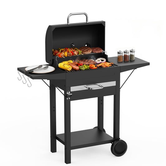 KOBENDA Holzkohlegrill mit Deckel XL BBQ Smoker Grillwagen inkl. Thermometer verstellbarem Rost Robuster Standgrill für Garten, Terrasse, Camping Komplettset mit Abdeckhaube Ascheschublade