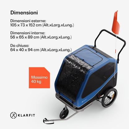 Klarfit Goldie Home - Rimorchio da Bici per Cani, Convertibile in Buggy, Volume di 324L, Impermeabile, Freni & Catarifrangenti Integrati, Carico Massimo di 40kg, Blu