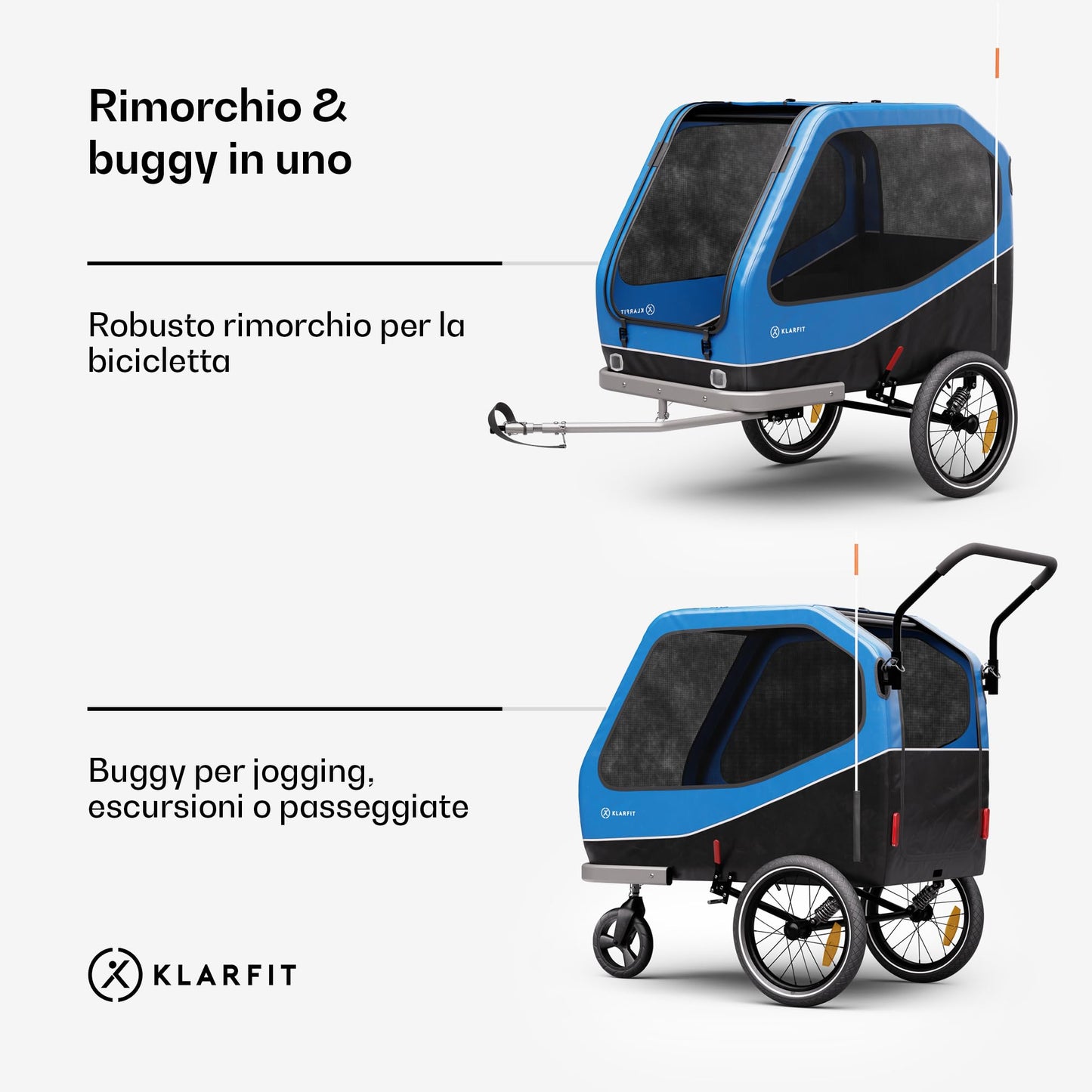 Klarfit Goldie Home - Rimorchio da Bici per Cani, Convertibile in Buggy, Volume di 324L, Impermeabile, Freni & Catarifrangenti Integrati, Carico Massimo di 40kg, Blu