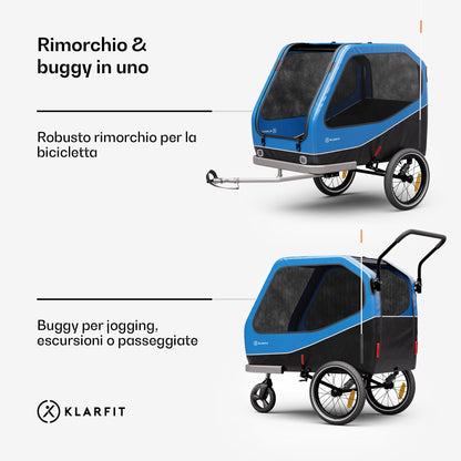 Klarfit Goldie Home - Rimorchio da Bici per Cani, Convertibile in Buggy, Volume di 324L, Impermeabile, Freni & Catarifrangenti Integrati, Carico Massimo di 40kg, Blu