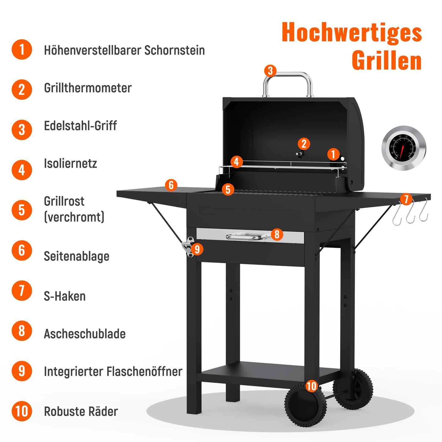 KOBENDA Holzkohlegrill mit Deckel XL BBQ Smoker Grillwagen inkl. Thermometer verstellbarem Rost Robuster Standgrill für Garten, Terrasse, Camping Komplettset mit Abdeckhaube Ascheschublade