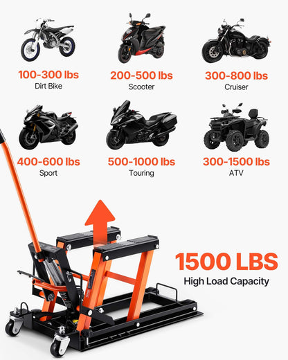 VEVOR Sollevatore Idraulico Moto Bici ATV da Officina Capacità Max. 700kg Altezza Regolabile 12-38,5cm, Sollevatore Alzamoto con Ruote Officina Operazione Idraulica con Perno di Sicurezza