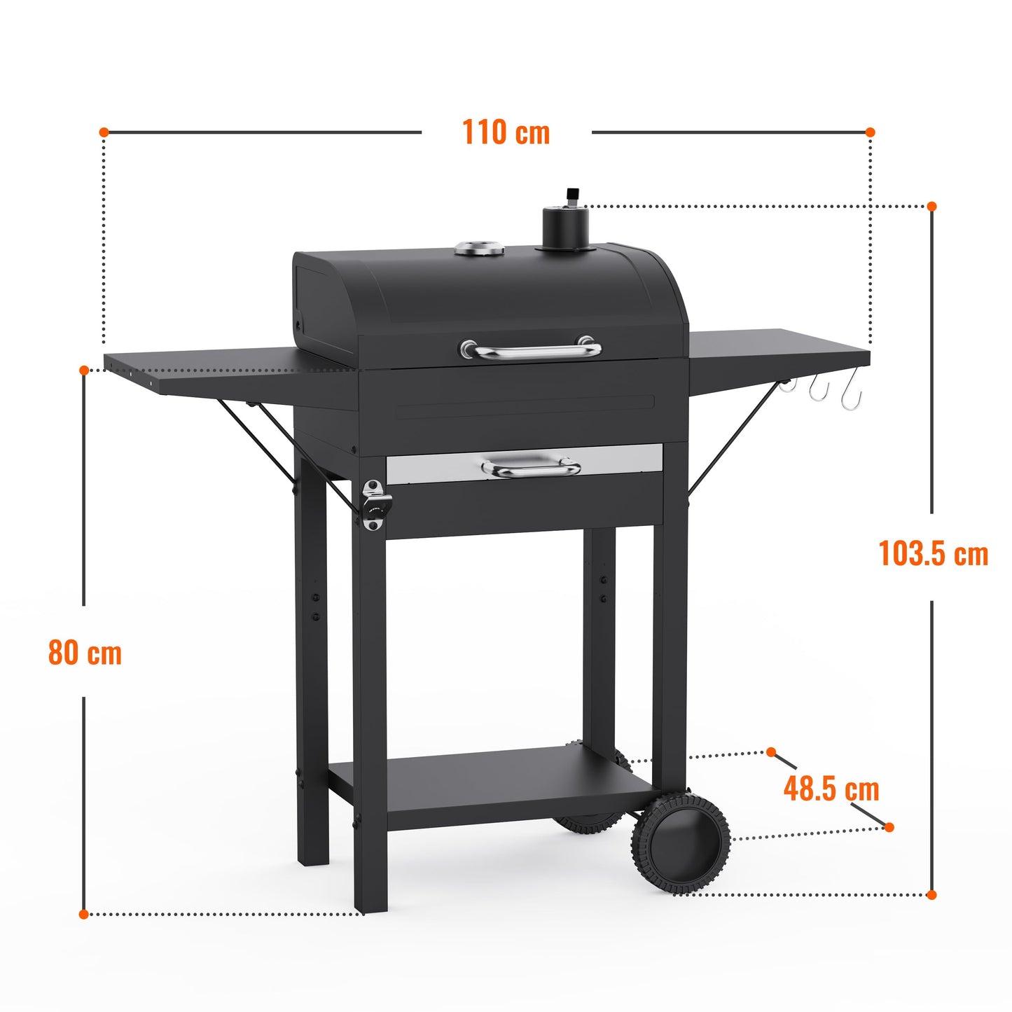 KOBENDA Holzkohlegrill mit Deckel XL BBQ Smoker Grillwagen inkl. Thermometer verstellbarem Rost Robuster Standgrill für Garten, Terrasse, Camping Komplettset mit Abdeckhaube Ascheschublade