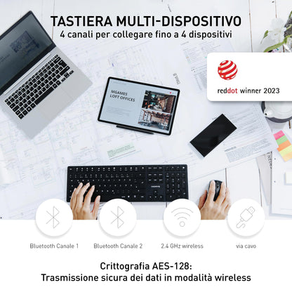 CHERRY KW X ULP, Tastiera High-End Meccanica Ultrapiatta, Layout per l'Unione Europea QWERTY, Tastiera Multidispositivo Senza Fili per fino a 4 Dispositivi, Ricaricabile, Nero, Layout EU - QWERTY