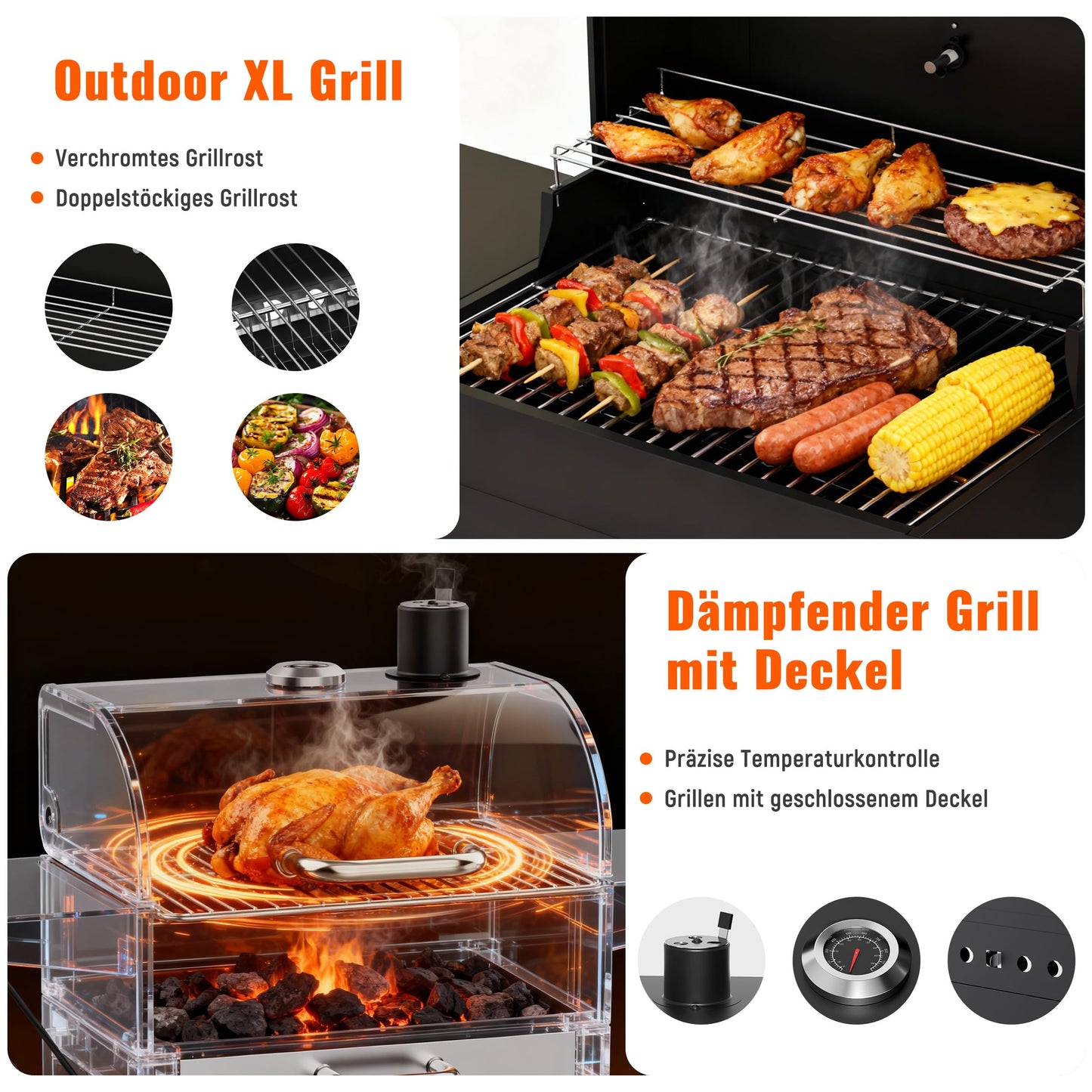 KOBENDA Holzkohlegrill mit Deckel XL BBQ Smoker Grillwagen inkl. Thermometer verstellbarem Rost Robuster Standgrill für Garten, Terrasse, Camping Komplettset mit Abdeckhaube Ascheschublade