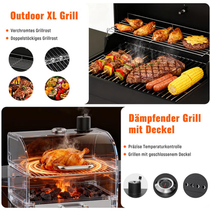 KOBENDA Holzkohlegrill mit Deckel XL BBQ Smoker Grillwagen inkl. Thermometer verstellbarem Rost Robuster Standgrill für Garten, Terrasse, Camping Komplettset mit Abdeckhaube Ascheschublade
