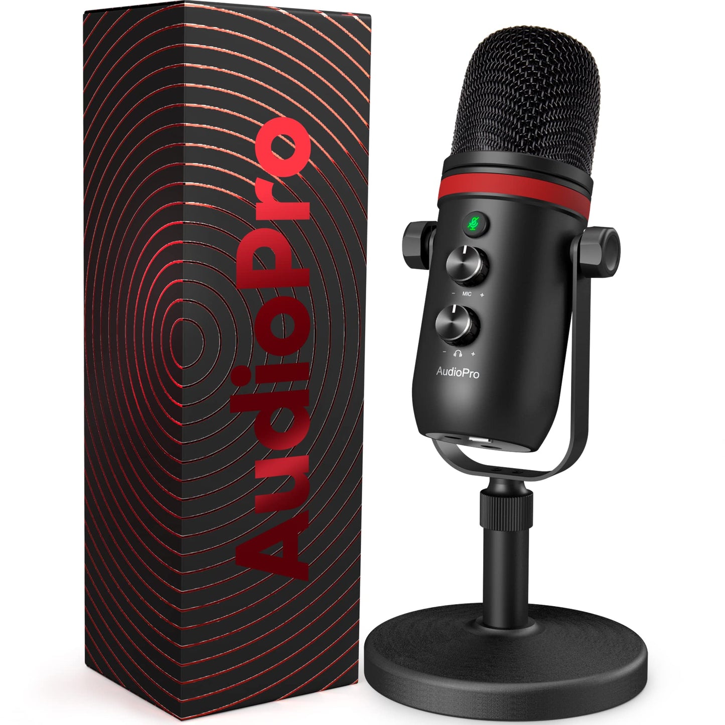 AUDIOPRO Microfono USB, microfono da gioco a condensatore per PC/laptop/PS4/5, uscita cuffie, controllo volume, USB tipo C Plug and Play, pulsante mute LED, per streaming, podcast, registrazione in