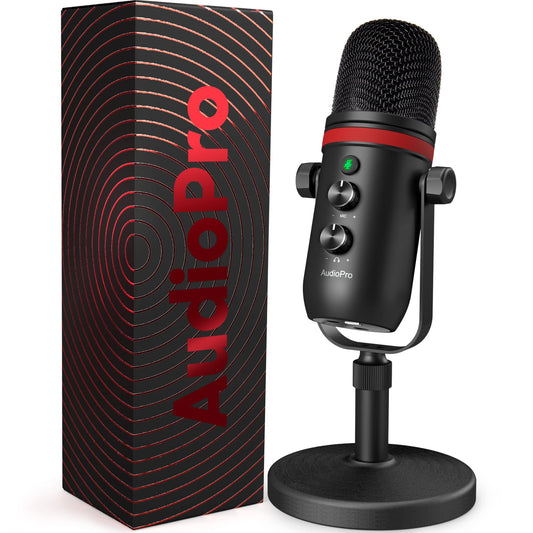 AUDIOPRO Microfono USB, microfono da gioco a condensatore per PC/laptop/PS4/5, uscita cuffie, controllo volume, USB tipo C Plug and Play, pulsante mute LED, per streaming, podcast, registrazione in