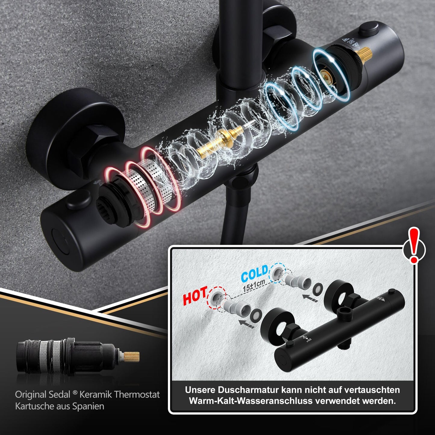 JOHO Colonna Doccia in Acciaio INOX con Miscelatore Termostatica, Asta Doccia Saliscendi con Soffione e Doccetta, Set Doccia a Pioggia con Soffione 30 cm Nero