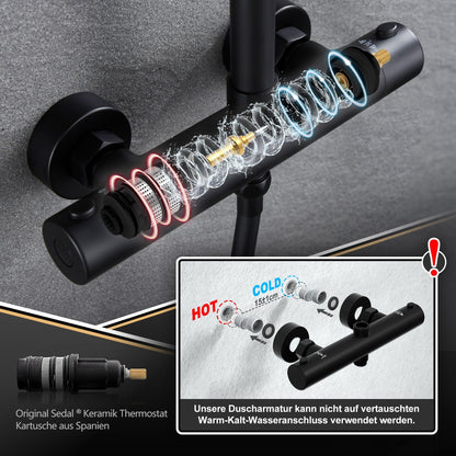 JOHO Colonna Doccia in Acciaio INOX con Miscelatore Termostatica, Asta Doccia Saliscendi con Soffione e Doccetta, Set Doccia a Pioggia con Soffione 30 cm Nero