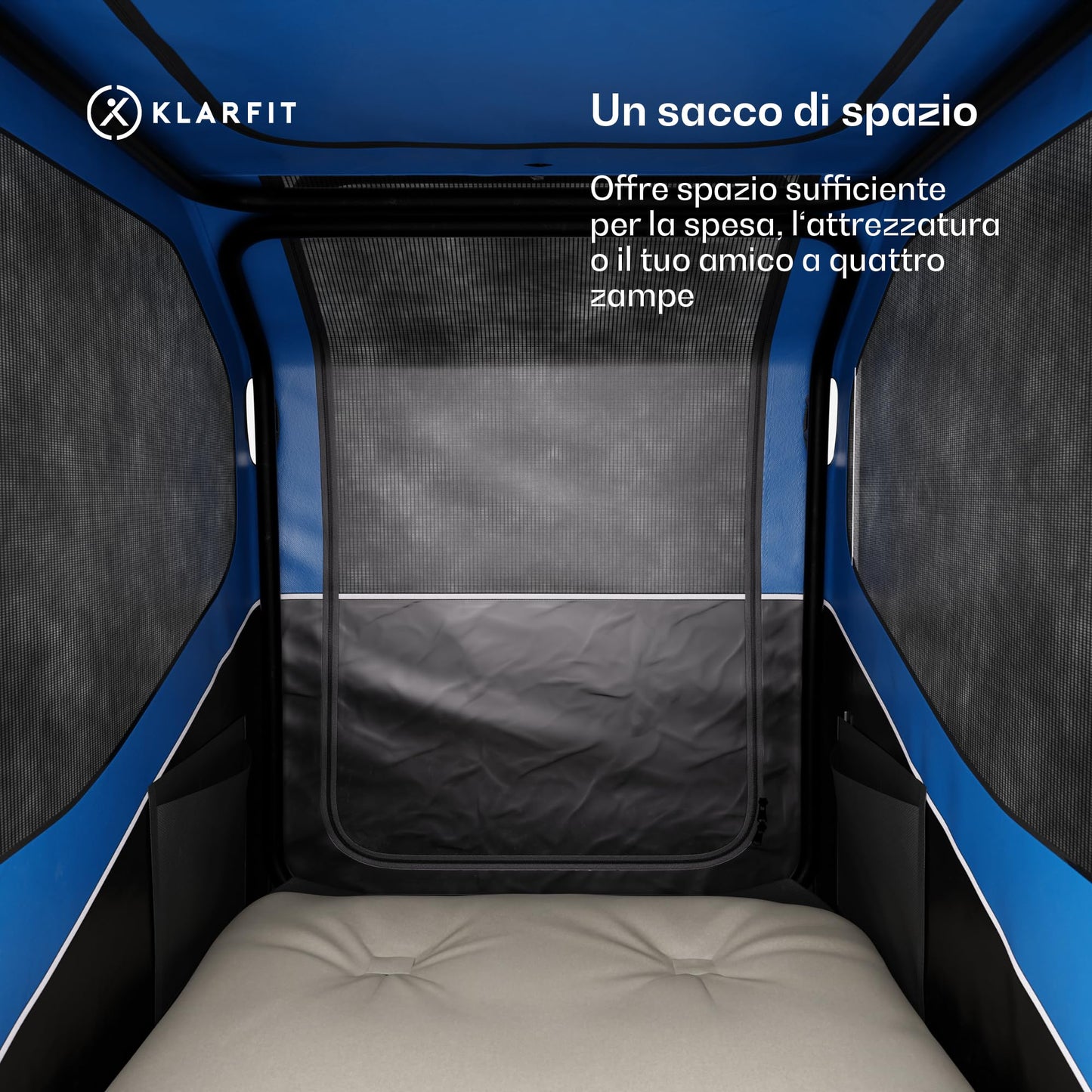 Klarfit Goldie Home - Rimorchio da Bici per Cani, Convertibile in Buggy, Volume di 324L, Impermeabile, Freni & Catarifrangenti Integrati, Carico Massimo di 40kg, Blu
