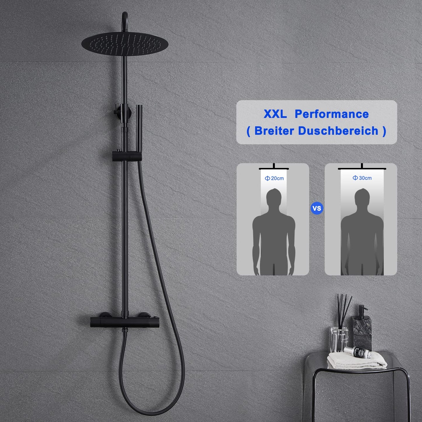JOHO Colonna Doccia in Acciaio INOX con Miscelatore Termostatica, Asta Doccia Saliscendi con Soffione e Doccetta, Set Doccia a Pioggia con Soffione 30 cm Nero