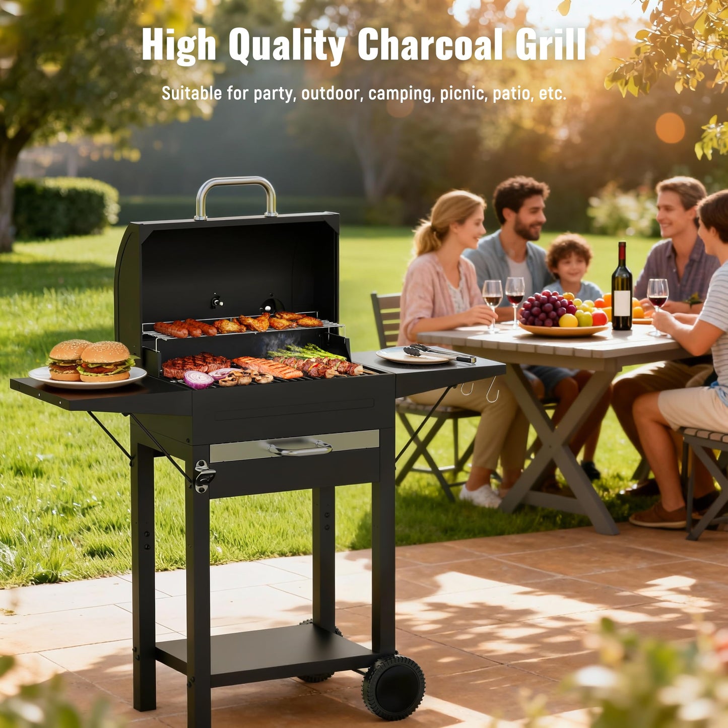 KOBENDA Holzkohlegrill mit Deckel XL BBQ Smoker Grillwagen inkl. Thermometer verstellbarem Rost Robuster Standgrill für Garten, Terrasse, Camping Komplettset mit Abdeckhaube Ascheschublade