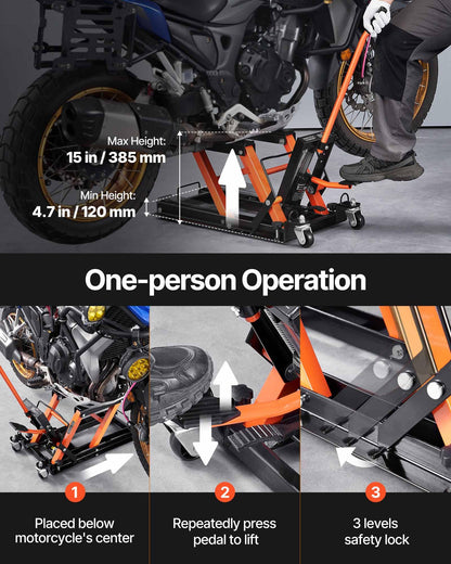VEVOR Sollevatore Idraulico Moto Bici ATV da Officina Capacità Max. 700kg Altezza Regolabile 12-38,5cm, Sollevatore Alzamoto con Ruote Officina Operazione Idraulica con Perno di Sicurezza