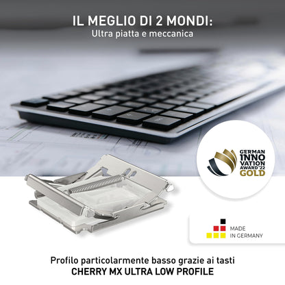 CHERRY KW X ULP, Tastiera High-End Meccanica Ultrapiatta, Layout per l'Unione Europea QWERTY, Tastiera Multidispositivo Senza Fili per fino a 4 Dispositivi, Ricaricabile, Nero, Layout EU - QWERTY