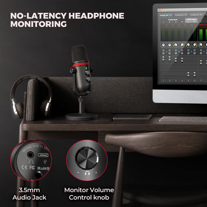 AUDIOPRO Microfono USB, microfono da gioco a condensatore per PC/laptop/PS4/5, uscita cuffie, controllo volume, USB tipo C Plug and Play, pulsante mute LED, per streaming, podcast, registrazione in