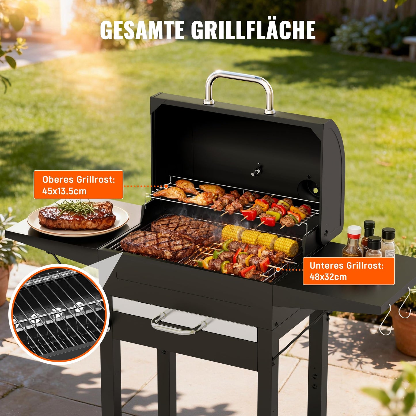 KOBENDA Holzkohlegrill mit Deckel XL BBQ Smoker Grillwagen inkl. Thermometer verstellbarem Rost Robuster Standgrill für Garten, Terrasse, Camping Komplettset mit Abdeckhaube Ascheschublade