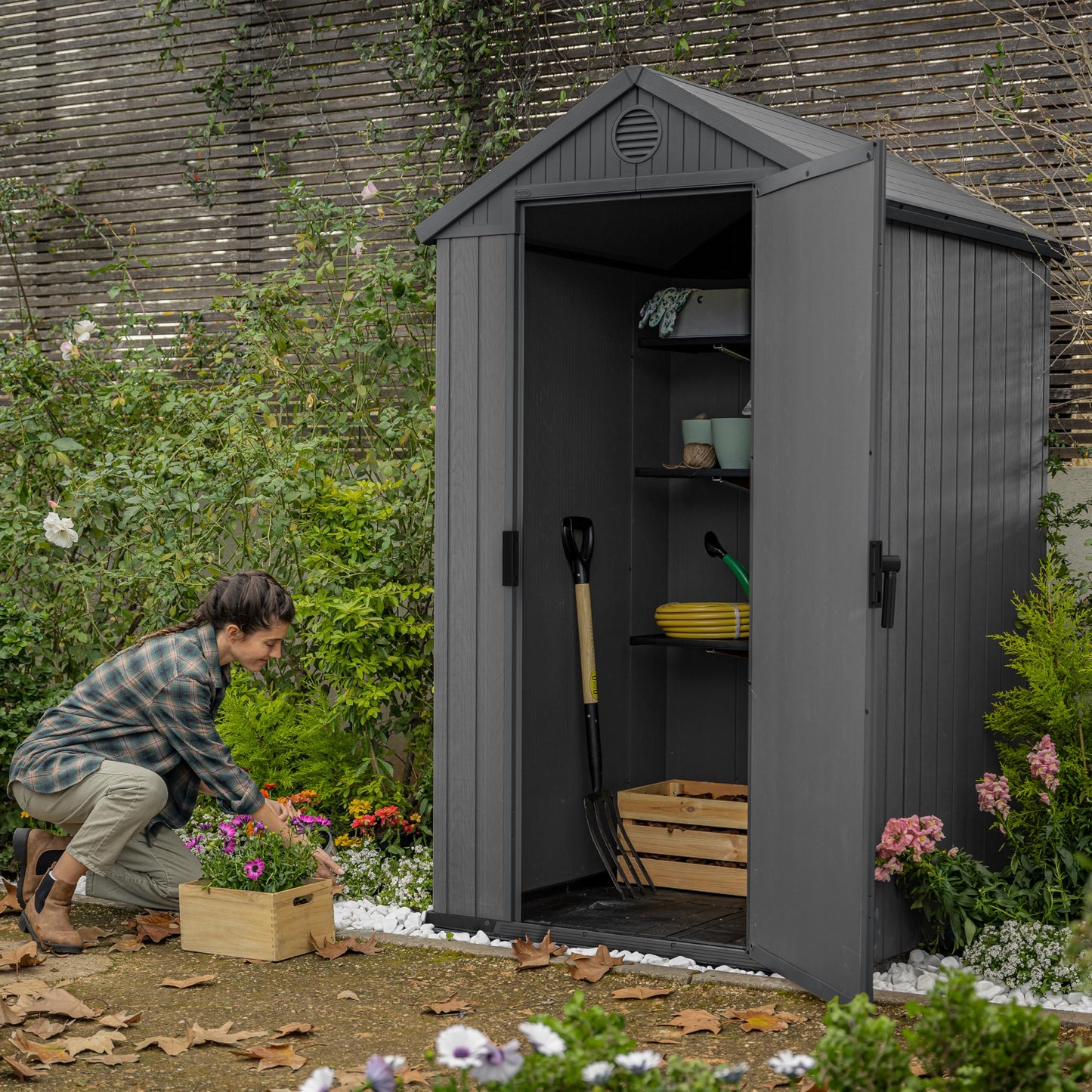 Keter Casetta da giardino Darwin 4x6, Finitura Effetto Legno Naturale, Grigia, 126x184,5x205 H Cm